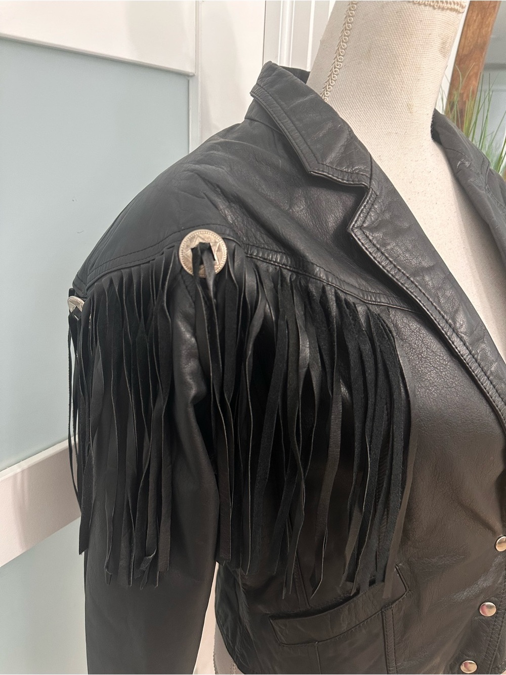 Vintage Winlit Black Leather Fringe Moto Jacket SZ Medium Western Biker GUC - Picture 5 of 11